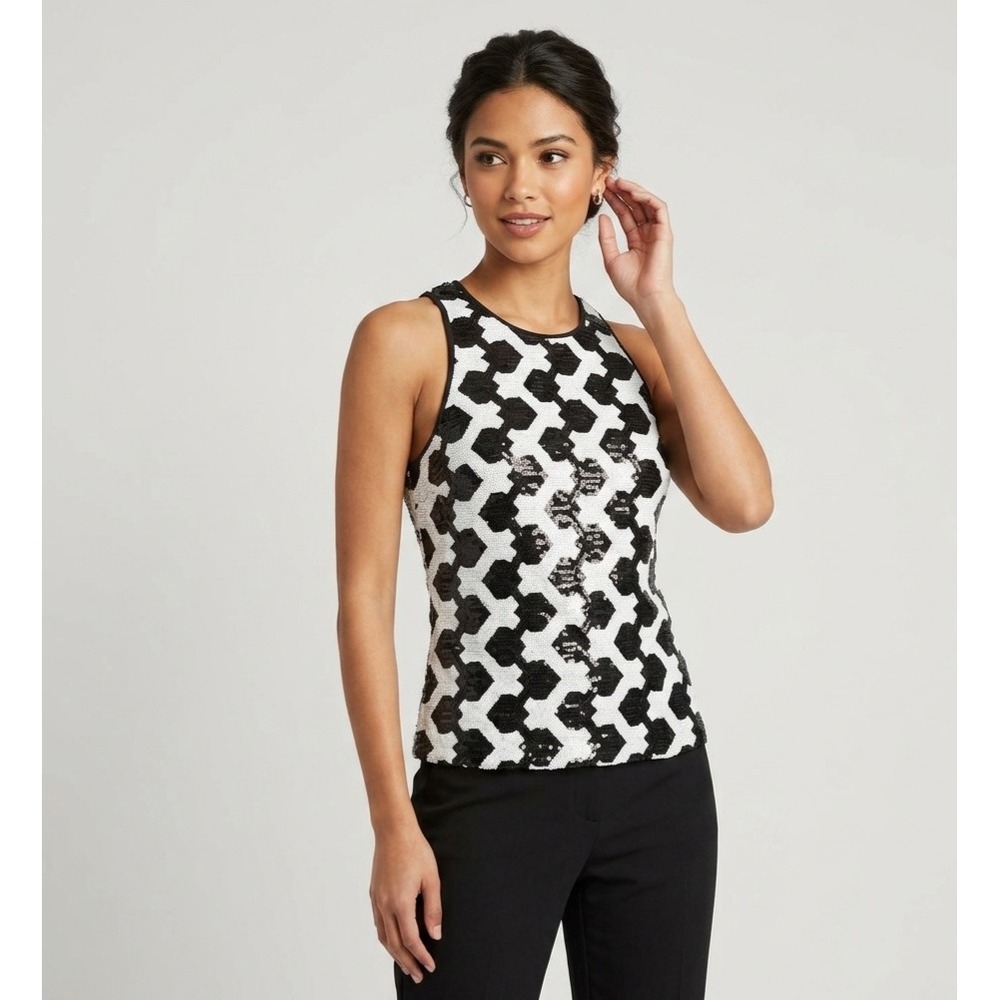 Per Se Sequin Tank Top Size 2 Black White Geometric Sleeveless Blouse